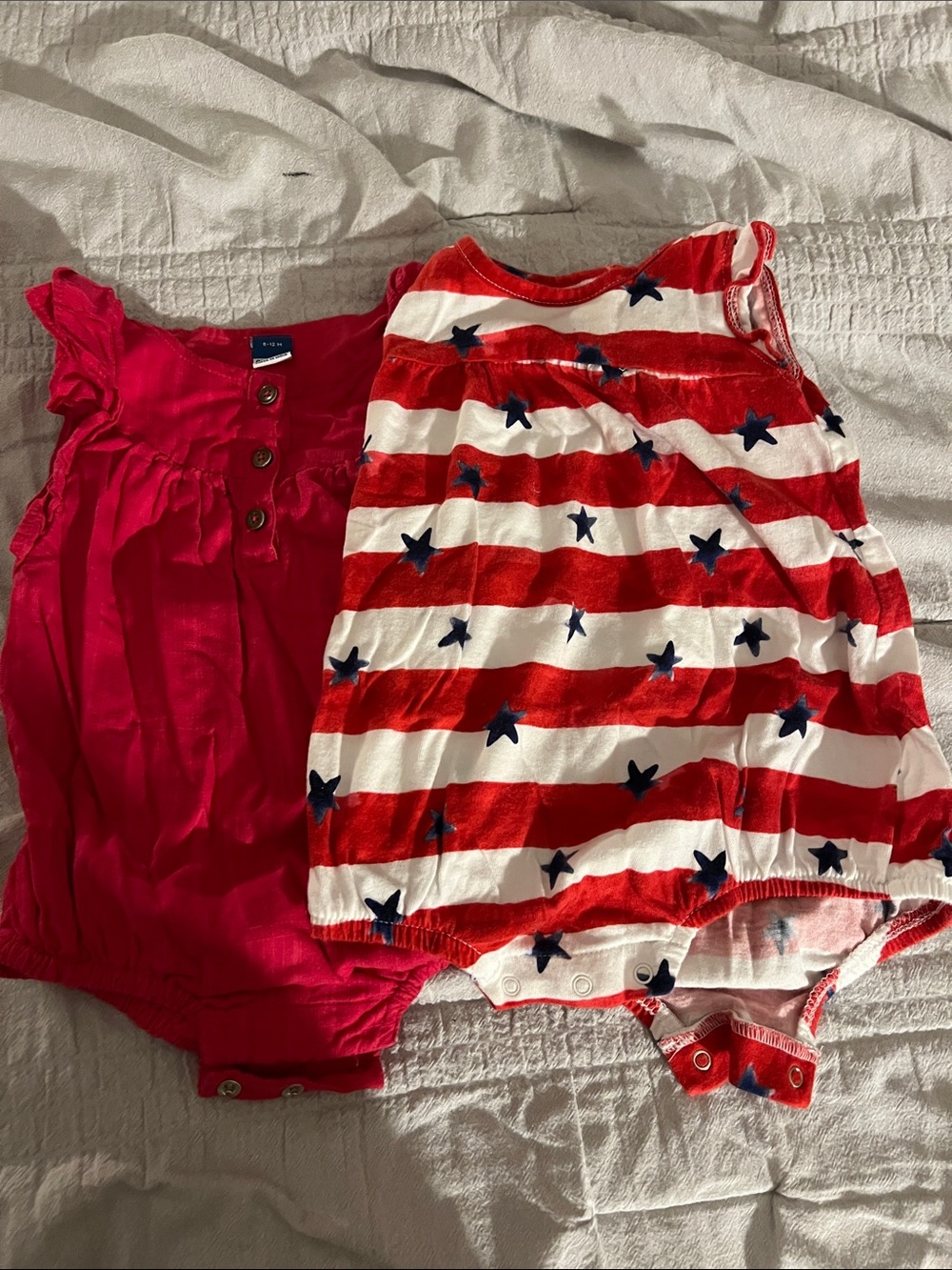 6-12 m Patriotic Red White Blue Star Baby Romper & Pink Button Romper - 2 Pack